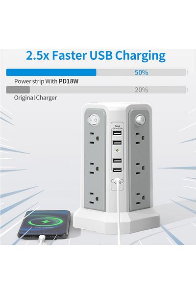Choice 110-250v Us 12 Grey 10ft Extension Cord With 12 Ac Outlets 5 Usb Charging Ports(1 USB C PD18W) Passu