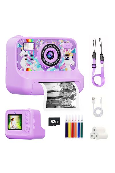 Choice Purple Cartoon Instant Print Camera for Kids 2.4 Inch HD Digital Camera With 32G for Boys Girls Birt