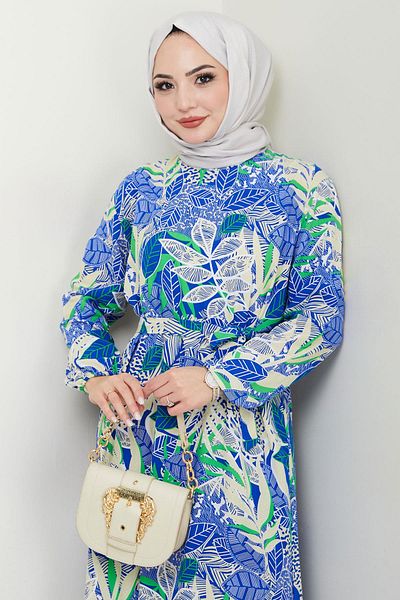 hafsamina Blue Nare Leaf Pattern Viscose Dress