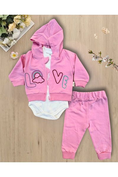 MODA Pink Hooded Snap Fastener Body + 3-Piece Tracksuit Set - High Quality and Exclusive Domestic Production
