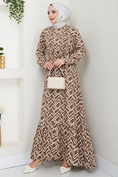 hafsamina Cute Patterned Summer Viscose Dress Mink Hm2677