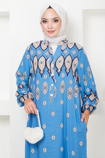 hafsamina Blue Viscose Dress - Sare Button, Hm2502