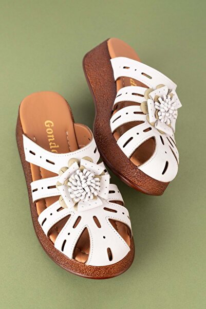 Gondol Hakiki Deri Çiçek Detaylı Sabo Terlik Mlk.3227