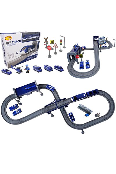 Salamandra Circuit Trenulet cu Masinute, Elicopter, Politist si Semne Circulatie, 66 piese, Salamandra Kids