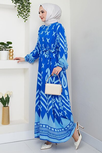 hafsamina Φόρεμα με άνετο μοτίβο βισκόζης μπλε HM2679 καλοκαίρι