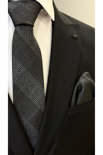 Dearmise Premium γραβάτα & μαντήλι με μαύρο & γκρι σχέδιο με κουτί δώρου