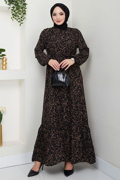 hafsamina Floral Patterned Viscose Dress - Brown Hm2683