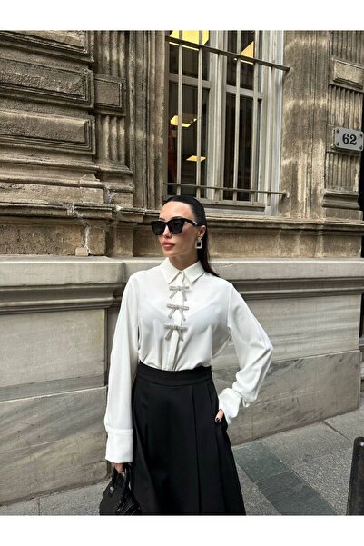 QİMYA BUTİK HOT FASHION Жіноча сорочка з камінцями та стрічками, з тонким лікрам крепом