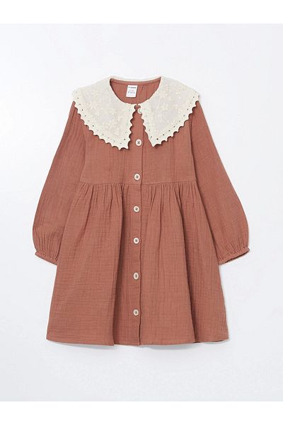 LC Waikiki Lcw Kids Braunes Basic-Musselin-Babykleid mit Spitzendetail