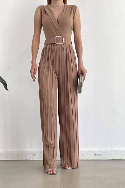 DÖPİYES Piliseli Bol Paça Kemerli Krep Tulum