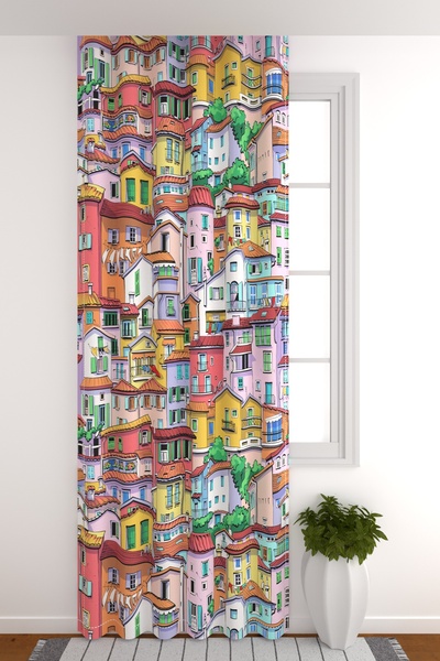 ZÜPER TEKSTİL Güneşlik Perde Fon Perde Renkli Evler Hobi Odası Genç Odası Perde