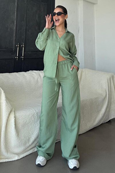Madmext Green Long Sleeve Striped Shirt and Trousers Two-Piece Suit Mg2329