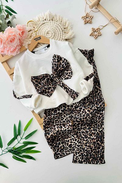Minigimin Cicileri Set de 2 piese pentru fetiță, cu dungi, cu modele de leopard, cu fundă, pentru fetița mea - alb