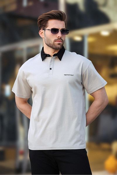 Madmext Ανδρικό μπλουζάκι με γκρι κουμπιά Polo Neck E7119