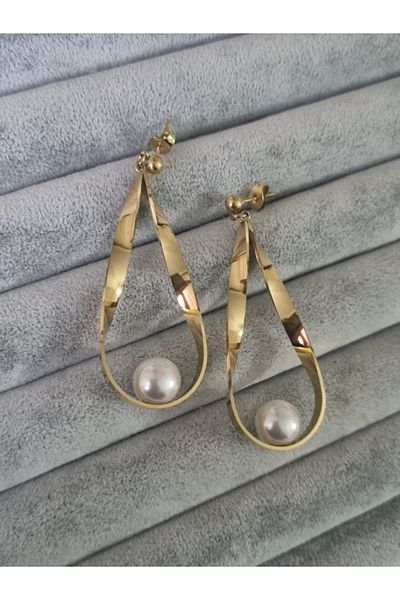 MSA TREND Women's Steel Earrings Dangle Pearl Model Gold Color 316 L Sterling Steel Earrings