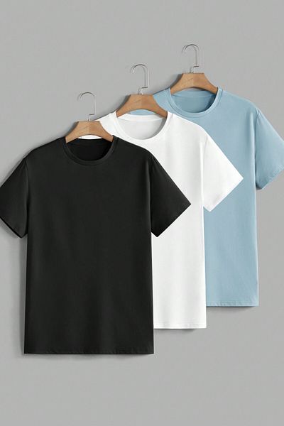 MODAGEN Unisex Black White Baby Blue Crew Neck Plain 3-Piece T-Shirt