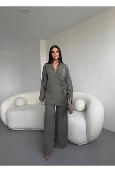 owwon Women's Khaki Tie-Up Shirt Pants Bottom Top Double Set