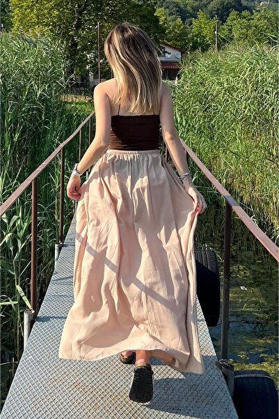 Madmext Bej Beli Lastikli Yırtmaçlı Uzun Kadın Etek MG2062