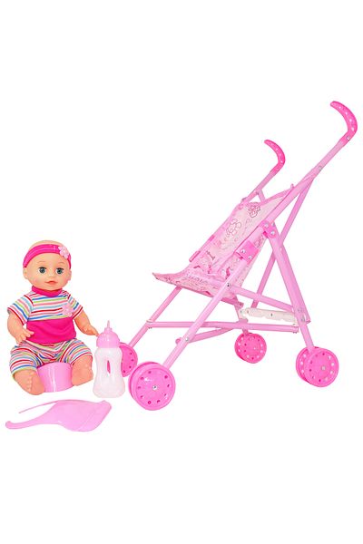 Salamandra Set Carucior cu Papusa Bebelus Roz, Biberon, Bavetica si Olita, Salamandra Kids