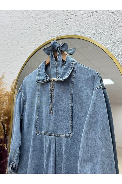 Ebrar Store Lema Half Zipper Collar Denim Dress-Ml2032 Blue