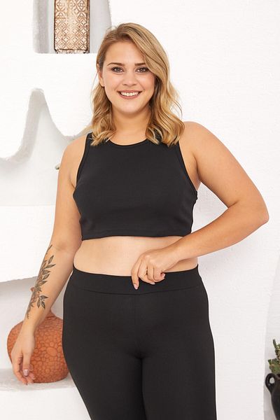 Seamoda Large Size Ribbed Crop Tank-Black