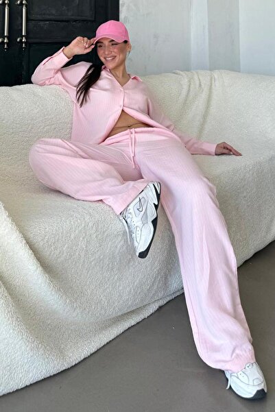 Madmext Pembe Uzun Kollu Çizgili Gömlek Pantolon İkili Takım MG2329