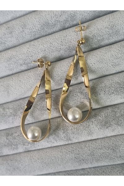MSA TREND Women's Steel Earrings Dangle Pearl Model Gold Color 316 L Sterling Steel Earrings