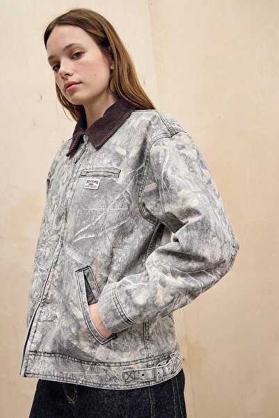 september island Yaprak Kamuflaj Desenli Astarlı Kanvas Mont Ceket