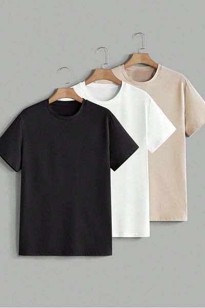 MODAGEN Unisex Black White Beige Crew Neck Plain 3-Piece T-Shirt