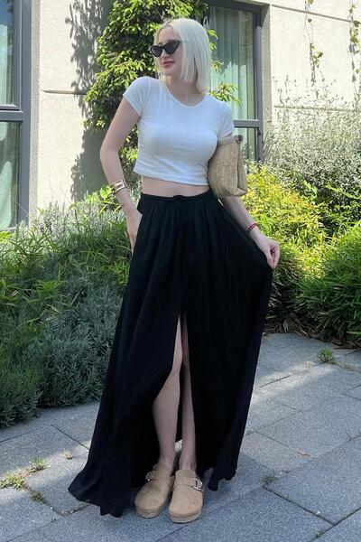 Madmext Siyah Beli Lastikli Yırtmaçlı Uzun Kadın Etek MG2062