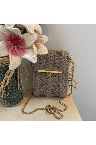 Uretti - Esra 6723 El Örgüsü Makrome İp Charm Detaylı Çanta