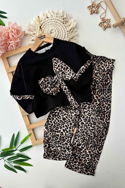 Minigimin Cicileri Мінігimin Cicileri з бантиками та леопардовим принтом, 2-х частинний комплект для дівчаток - чорний