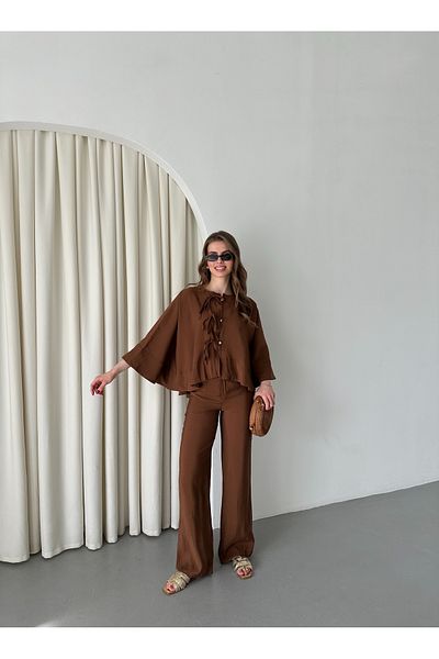 Laluvia Brown Bat Sleeve Lacing Button Detailed Suit - 9002