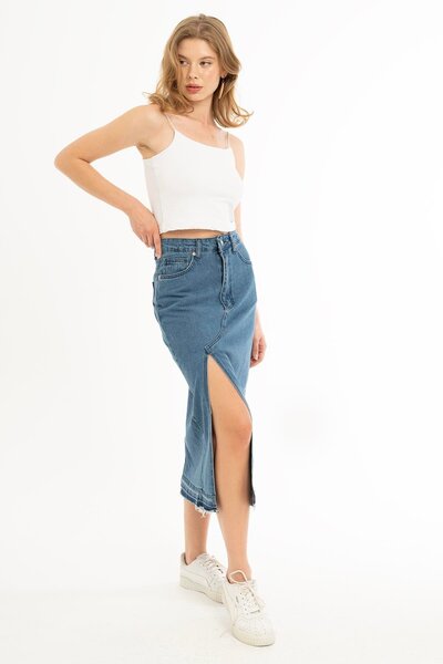 1434 Polo State Kadın Yüksek Bel Yırtmaçlı Midi Boy Denim Etek Mavi