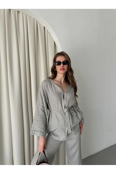 Laluvia Gray 100% Cotton Belted Shirt-Pants Set - 034