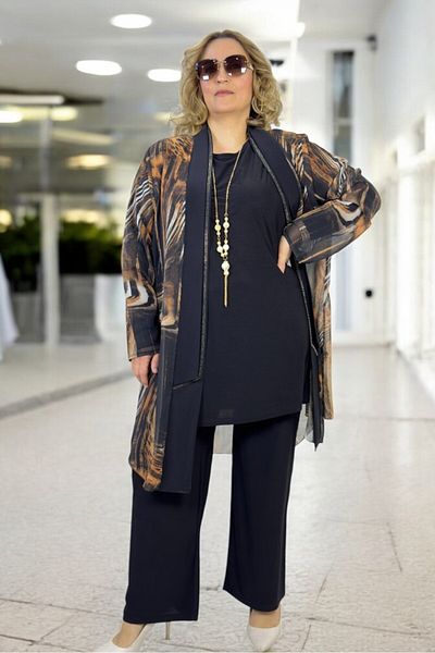 yagmurberen Unlined Stone-Embroidered Shawl Collar Jacket Buzzy Bluz Waist Elastic Fabric Pants Large Size 3-Piece Set