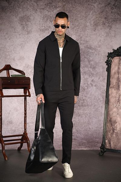 king brich Shirt Collar Zippered Linen Bottom Top Set