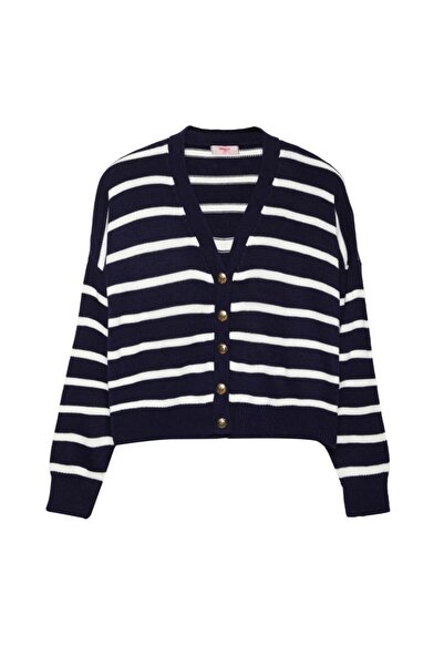 Quzu Gold Düğmeli Çizgili Lacivert Hırka