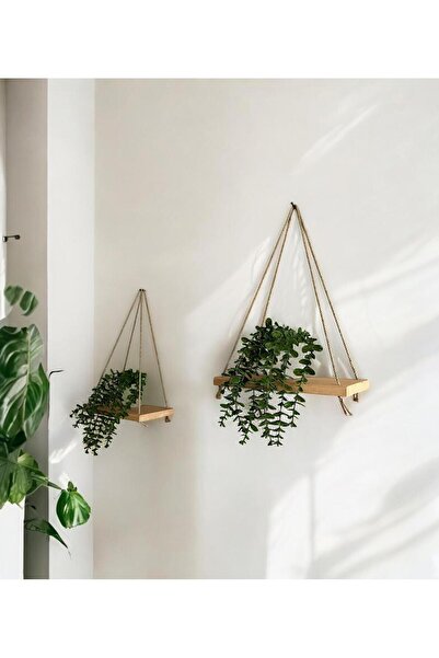 VOBU HOME & LIFE DESIGN Hasır Askılı Şık Ahşap Raf, Ahşap Çiçeklik ve Dekorat...