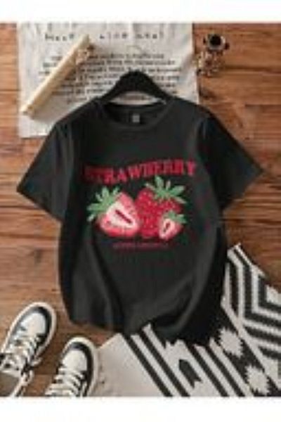 PENTHİLUS Unisex Casual Short Sleeve Round Neck Strawberry Print Summer Spring T-Shirt