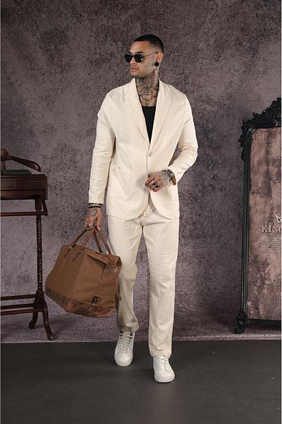 king brich Regular Fit Blazer Linen Bottom Top Set