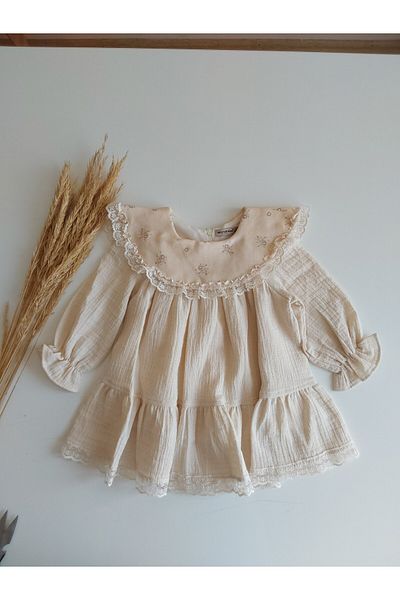 damdamin Cotton Baby Girl Muslin Long Sleeve Bib Collar Lace Floral Pattern Lined Zipper Dress