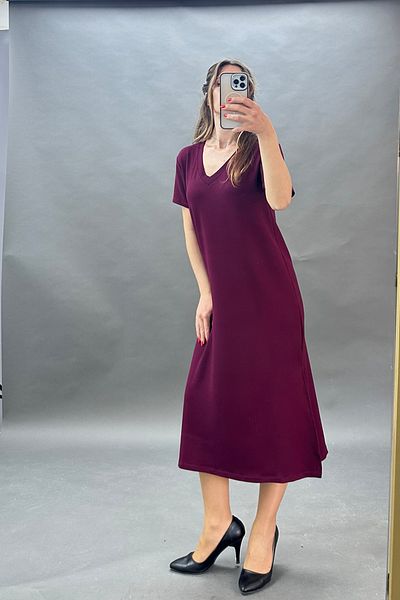 CİDDE Women's Comfortable V-Neck Modal Fabric Basic Dress with Side Slits Black