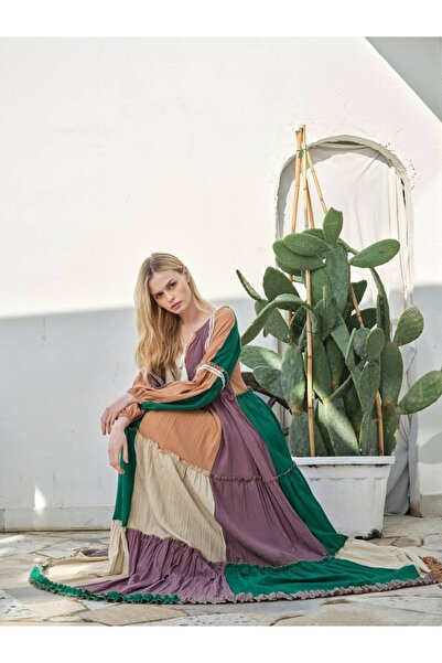 BRGCLOTHING Pamuklu Renkli Yakası Kesik Garnili Patchwork Gofre Elbise