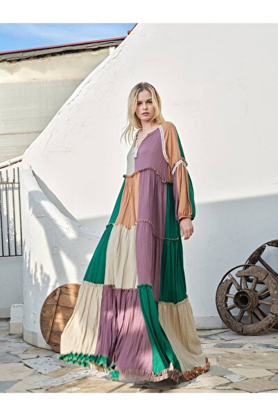 BRGCLOTHING Pamuklu Renkli Yakası Kesik Garnili Patchwork Gofre Elbise