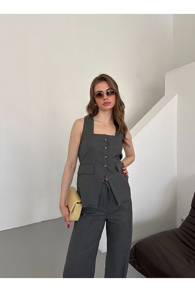 Laluvia Anthracite Square Collar Vest Trousers Set - 51102