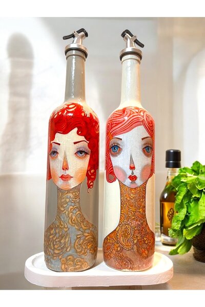 Mes Reves Handmade Red Haired Woman Patterned Vintage Glass Bottle Oil Pot Set, Decorative Kitchen & Tableware Products
