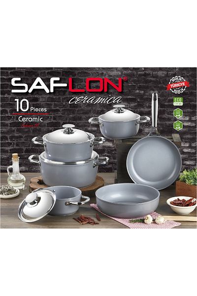 SAFLON Ceramic Cookware Set, Consisting Of 10 Pieces. Gray