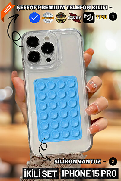 EWEC Set of Two |   Transparent Premium Phone Case and Phone Holder Silicone Suction Cup Compatible with iPhone 15 Pro