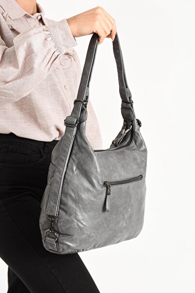 571 Collections Çanta Gray Faux Leather Soft Shoulder Bag - Model 571-11-13A